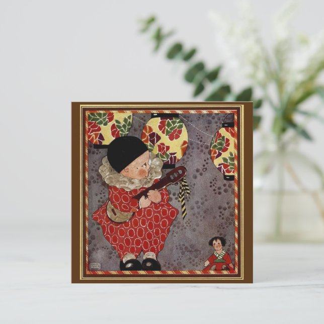 Harlequin infantil vintage, músico tocando banjo (Anverso de pie)
