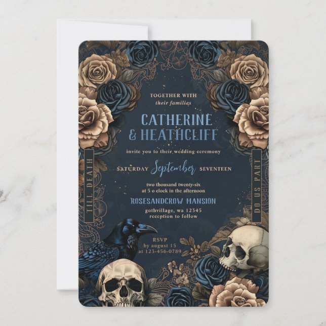 Hasta la muerte Gótico azul invitación a la boda (Anverso)