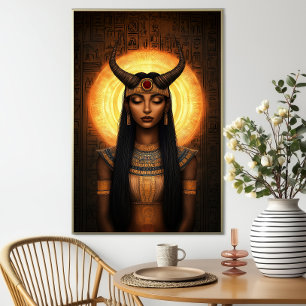 Hathor Diosa Egipcia Hornuda Arte Dorado Marrón