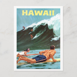 Hawái, surf, ola gigante, postal de viaje vintage