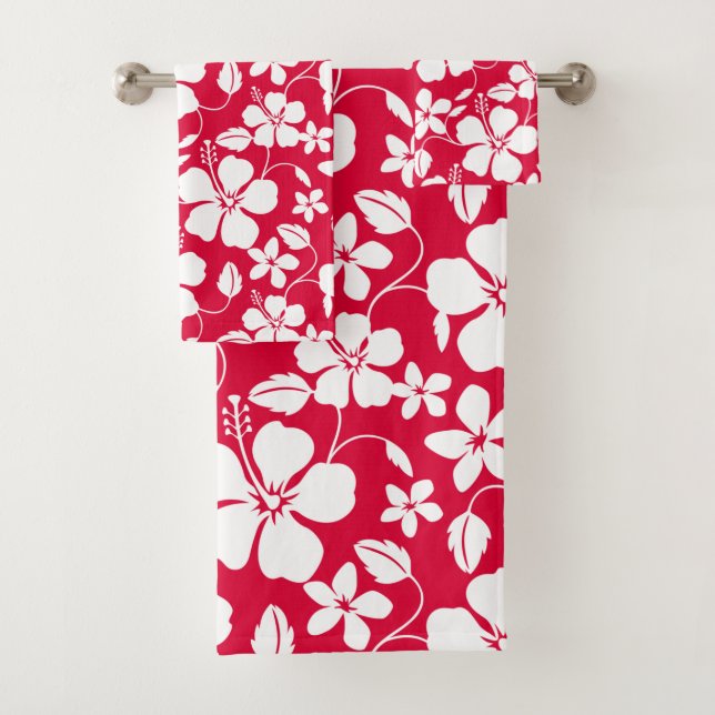 HAWAIAN HULA (HIBISCUS) RED BATH TOWEL SET (In situ)