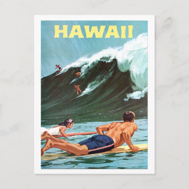 Hawaii, surf, gran ola, postal de viaje vintage (Anverso)