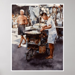 Hawker de Singapur - Impresión de arte acuarela