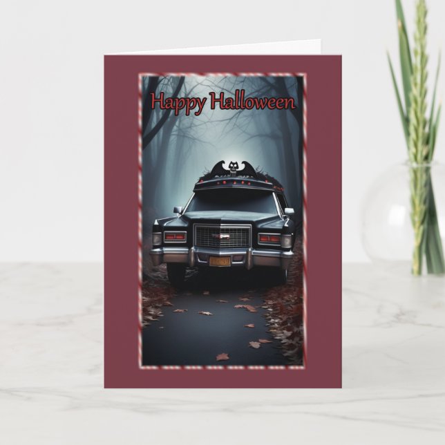 Hearse con la tarjeta de Halloween de Woods (Anverso)