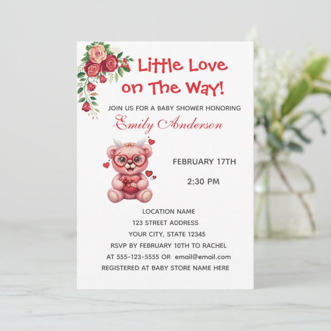 Heart Glasses Teddy Bear Pink Baby Shower Invite (Anverso de pie)