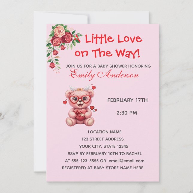 Heart Glasses Teddy Bear Pink Baby Shower Invite (Anverso)