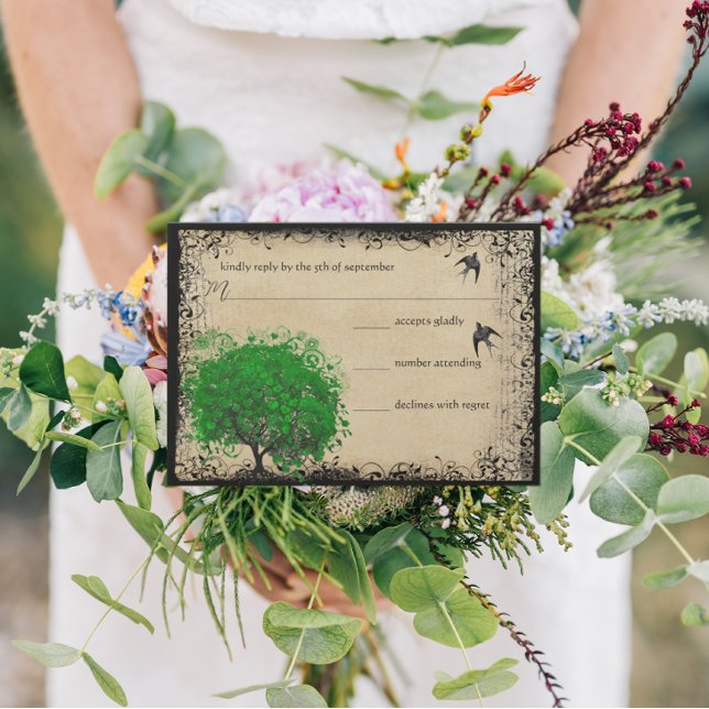 Heart Leaf Emerald Tree Love Bird Wedding RSVP (Subido por el creador)