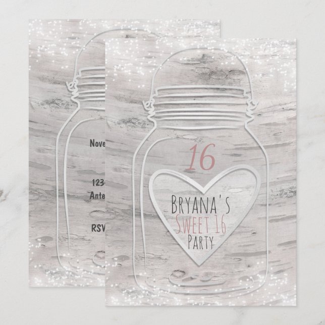 Heart Mason Jar & Lights Birch Sweet 16 Invitación (Anverso / Reverso)