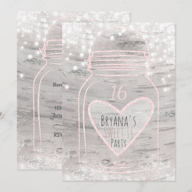 Heart Mason Jar & Lights Birch Sweet 16 Invitación (Anverso / Reverso)