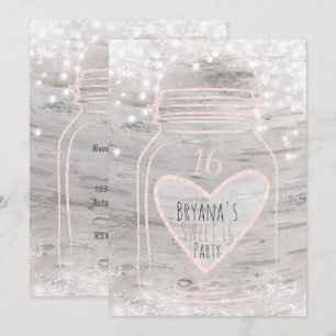 Heart Mason Jar & Lights Birch Sweet 16 Invitación