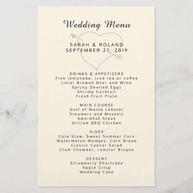 Heart n Arrow Personalizado Ecru Menú simple Boda (Anverso)
