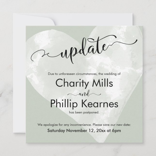 Heart on Sage Green Update Postponía tarjeta Boda (Anverso)