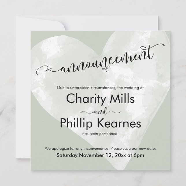 Heart Sage Green postergó Invitación Boda (Anverso)