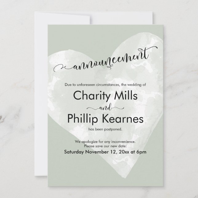 Heart Sage Green postergó Invitación Boda (Anverso)