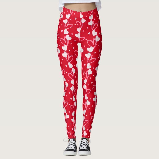 Hearts doodles pattern, Red, Leggings (Anverso)