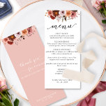 Heaven in Rosa, Watercolor Floral Boda Menú<br><div class="desc">Relájese con esta exquisita tarjeta de menú. Diseñar coordinando nuestro Heaven en Rosa Boda e invitaciones al evento. El diseño es independiente, con un rosa, melocotón y borgoña únicos, y en la parte inferior, el nombre y la fecha. Entrega tipografía escrita de guión en la parte trasera y frontal con...</div>