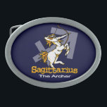 Hebilla azul de la astrología del zodiaco del<br><div class="desc">El sagitario la hebilla del cinturón griega de la astrología "del Archer" con símbolos del sagitario y fuego para este fuego firma. Un regalo perfecto para esos nacidos entre el 21 de noviembre - 21 de diciembre. Únicamente exhausto y diseñado por Sarah Trett.</div>