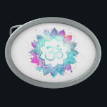 Hebilla De Cinturón Oval Acuarela del símbolo de Lotus OM AUM de la mandala<br><div class="desc">* Una mandala de la acuarela de Lotus del símbolo de OM AUM en una hebilla del cinturón oval de la forma del fondo blanco. Los colores de la mandala son turquesa, azules de las púrpuras y pinks* Nota: Usted puede modificar el texto para requisitos particulares. Aquí para usted está...</div>