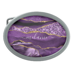 Hebilla De Cinturón Oval Agple violeta púrpura Purpurina de oro Geode Nombr