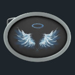 Hebilla De Cinturón Oval Alas del Ángel Azul brillante sobre fondo negro<br><div class="desc">Alas de ángel azul claro,  artístico sobre fondo negro. Ángel alas.</div>