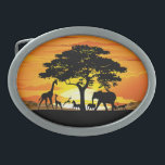 Hebilla De Cinturón Oval Animales salvajes al atardecer en la sabana africa<br><div class="desc">Impresionante,  brillante y pacífico atardecer en el paisaje salvaje de la sabana africana con formas de animales salvajes. Originalmente creado con la técnica de arte gráfico de alta calidad / alta resolución Vector de derechos de autor BluedarkArt TheChameleonArt.</div>