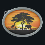 Hebilla De Cinturón Oval Animales salvajes al atardecer en la sabana africa<br><div class="desc">Impresionante,  brillante y pacífico atardecer en el paisaje salvaje de la sabana africana con formas de animales salvajes. Originalmente creado con la técnica de arte gráfico de alta calidad / alta resolución Vector de derechos de autor BluedarkArt TheChameleonArt.</div>