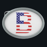 Hebilla De Cinturón Oval B Monograma sobrepuesto en la bandera estadouniden<br><div class="desc">Monograma B sobre el diseño de la hebilla del cinturón de la bandera estadounidense © Trinkets and Things 2017 - AHP Design. Todos Los Derechos Reservados. 080517</div>
