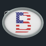 Hebilla De Cinturón Oval B Monograma sobrepuesto en la bandera estadouniden<br><div class="desc">Monograma B sobre el diseño de la hebilla del cinturón de la bandera estadounidense © Trinkets and Things 2017 - AHP Design. Todos Los Derechos Reservados. 080517</div>