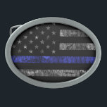 Hebilla De Cinturón Oval Bandera delgada de la línea azul de la policía<br><div class="desc">Bandera delgada de la línea azul de la policía</div>