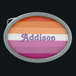 Hebilla De Cinturón Oval Bandera lesbiana con regalo de nombre personalizad<br><div class="desc">Bandera lesbiana con nombre personalizado, bandera de la banda lgbt, desfile del orgullo, orgullo londinense, bandera pansexual, no binaria, pansexualidad, cinturón de moda, ropa vintage, cinturones pansexuales, símbolo del corazón, orgullo, orgullo gay, derechos de los gays, bandera del orgullo gay, lgbtq, bandera lesbiana, lesbianas, lesbiana, purpurina, bandera, arco iris, gay...</div>