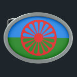 Hebilla De Cinturón Oval Bandera oficial del gitano del Romany<br><div class="desc">Personalice fácilmente esta bandera gitana Romani oficial verde y azul de Roma de los gitanos y de los viajeros del romany con su propio texto usando el menú del personalizar. La bandera representa el verde de la tierra y del azul del cielo con una rueda de carro gitana tradicional del...</div>
