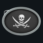 Hebilla De Cinturón Oval Bandera pirata de Jolly roger<br><div class="desc">Personaliza fácilmente este divertido cráneo pirata de Jolly Roger y cruza la bandera de espadas en un fondo negro. Puede cambiar fácilmente el color de fondo de un rango de más de 200 colores.</div>