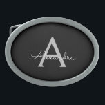 Hebilla De Cinturón Oval Black Silver Modern Script Girly Monograma Nombre<br><div class="desc">Hebilla del cinturón de nombres de la correa del guión simple negro y plateado. Esto hace que la graduación perfecta, dulce 16 16, 18, 21, 30, 40, 50, 60, 70, 80, 90, 100 años, boda, ducha de novias, aniversario, ducha de bebé o despedida de soltera para alguien que ama el...</div>