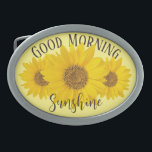 Hebilla De Cinturón Oval Buenos días Sunshine Sunflower<br><div class="desc">Foto de primer plano de un girasol amarillo brillante con el texto "Good Morning Sunshine" en color marrón muy oscuro sobre fondo amarillo claro. El texto se puede editar,  por lo que si lo desea,  puede reemplazar la palabra Sunshine por un nombre u otro texto,  por ejemplo.</div>