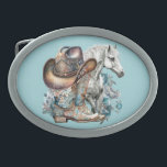 Hebilla De Cinturón Oval Caballo de vaca botas de vaquero gorra floral occi<br><div class="desc">Chorra de vaca,  diseño de amante de los caballos con botas de vaquero,  gorra de vaquero,  un hermoso caballo,  flores turquesas y nombre personalizado o cualquier texto. Diseño de campo occidental.</div>
