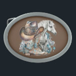 Hebilla De Cinturón Oval Caballo de vaca botas de vaquero gorra floral occi<br><div class="desc">Chorra de vaca,  diseño de amante de los caballos con botas de vaquero,  gorra de vaquero,  un hermoso caballo,  flores turquesas y nombre personalizado o cualquier texto. Diseño de campo occidental.</div>