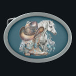 Hebilla De Cinturón Oval Caballo de vaca botas de vaquero gorra floral occi<br><div class="desc">Chorra de vaca,  diseño de amante de los caballos con botas de vaquero,  gorra de vaquero,  un hermoso caballo,  flores turquesas y nombre personalizado o cualquier texto. Diseño de campo occidental.</div>
