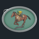 Hebilla De Cinturón Oval Caballo y jockey<br><div class="desc">Regalos deportivos y accesorios para los aficionados a la Carreras de caballos. Carrera de caballos y jockey con camiseta amarilla y gorro verde en el caballo número 7. Fondo verde.</div>