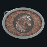 Hebilla De Cinturón Oval Cabeza de caballo de cuero marrón vaquero con herr<br><div class="desc">Diseño de cuero marrón de cuero con herramientas de cuero de estilo occidental con cabeza de caballo floral. Disponible en más colores. Para los amantes de los caballos,  los ecuestres.</div>