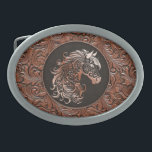 Hebilla De Cinturón Oval Cabeza de caballo de cuero marrón vaquero con herr<br><div class="desc">Diseño de cuero marrón de cuero con herramientas de cuero de estilo occidental con cabeza de caballo floral. Disponible en más colores. Para los amantes de los caballos,  los ecuestres.</div>