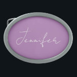 Hebilla De Cinturón Oval Caligrafía Elegante Lavanda Llanura Nombre simple<br><div class="desc">Este producto fue muy bueno y me encanta lo fácil que es para el diseño personalizar. El diseño era muy sencillo,  así que me siento muy complacido cuando lo creo.</div>