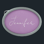 Hebilla De Cinturón Oval Caligrafía Elegante Lavanda Llanura Nombre simple<br><div class="desc">Este producto fue muy bueno y me encanta lo fácil que es para el diseño personalizar. El diseño era muy sencillo,  así que me siento muy complacido cuando lo creo.</div>