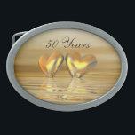 Hebilla De Cinturón Oval Corazones de Aniversario Dorado<br><div class="desc">La hebilla del cinturón con forma de oval con mi imagen original de corazones de color dorado flotando en el agua. El texto dice "50 años".</div>