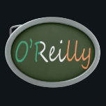 Hebilla De Cinturón Oval Cualquier nombre sobrepuesto en la bandera irlande<br><div class="desc">Personalice este producto con cualquier nombre que aparezca en los colores de la bandera irlandesa. Cada diseño se produce bajo petición para que puedas ver cómo se verá. Simplemente use el Chat de arriba o haga clic en el enlace "Mensaje" de abajo y envíeme un mensaje con el nombre del...</div>