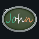 Hebilla De Cinturón Oval Cualquier nombre sobrepuesto en la bandera irlande<br><div class="desc">Personalice este producto con cualquier nombre que aparezca en los colores de la bandera irlandesa. Cada diseño se produce bajo petición para que puedas ver cómo se verá. Simplemente use el Chat de arriba o haga clic en el enlace "Mensaje" de abajo y envíeme un mensaje con el nombre del...</div>