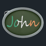 Hebilla De Cinturón Oval Cualquier nombre sobrepuesto en la bandera irlande<br><div class="desc">Personalice este producto con cualquier nombre que aparezca en los colores de la bandera irlandesa. Cada diseño se produce bajo petición para que puedas ver cómo se verá. Simplemente use el Chat de arriba o haga clic en el enlace "Mensaje" de abajo y envíeme un mensaje con el nombre del...</div>