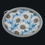 Hebilla De Cinturón Oval Daisies, flores silvestres en azul<br><div class="desc">Patrón vector dibujado a mano con flores de margarita blanca</div>