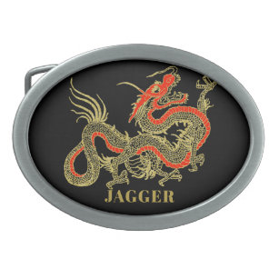 Hebilla De Cinturón Oval Dragón chino negro de oro rojo