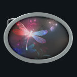 Hebilla De Cinturón Oval Dragón rojo<br><div class="desc">Flor,  vuelo,  libélula roja,  con alas transparentes y detalladas sobre fondo oscuro,  nocturno y luminoso con plantas tropicales y luciérnagas. Lluvia roja.</div>