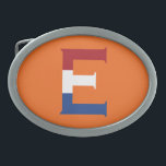 Hebilla De Cinturón Oval E Monograma sobrepuesto sobre la bandera de la LND<br><div class="desc">E Monograma colocado sobre la bandera de los Países Bajos en la hebilla del cinturón naranja Diseño © Trinkets and Things 2022 - AHP Design. Todos Los Derechos Reservados.</div>